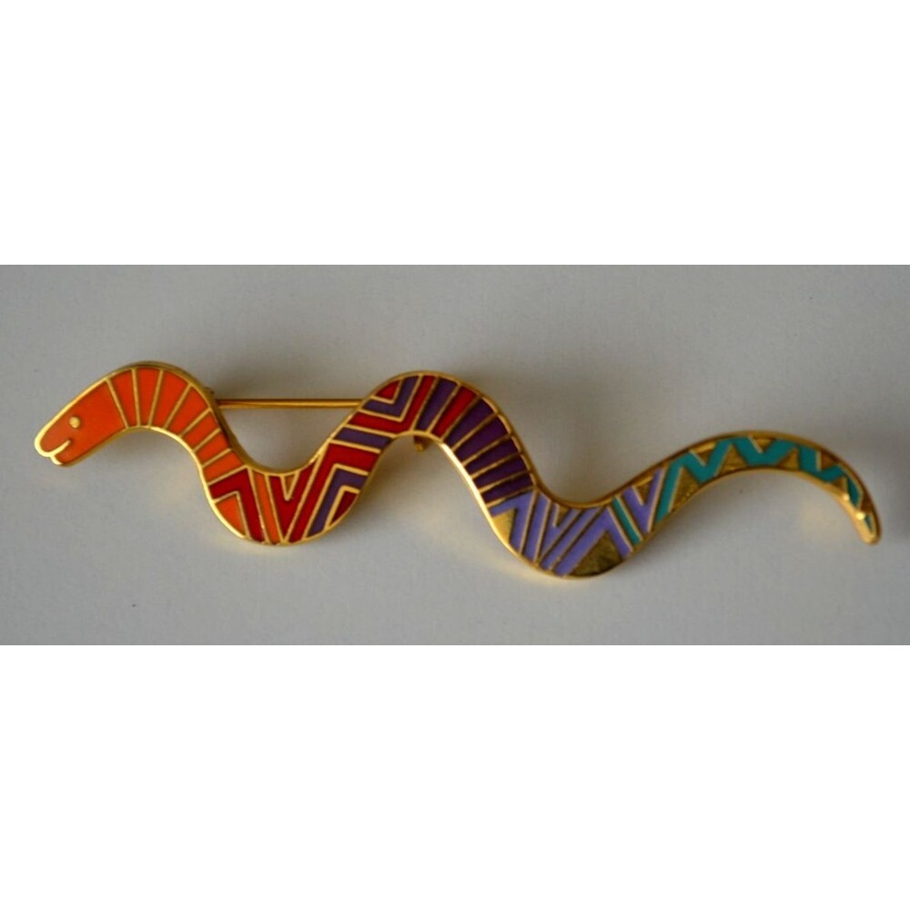 Vintage Snake Brooch Pin 3" Serpent Laurel Burch Signed 80s Colorful Enamel
